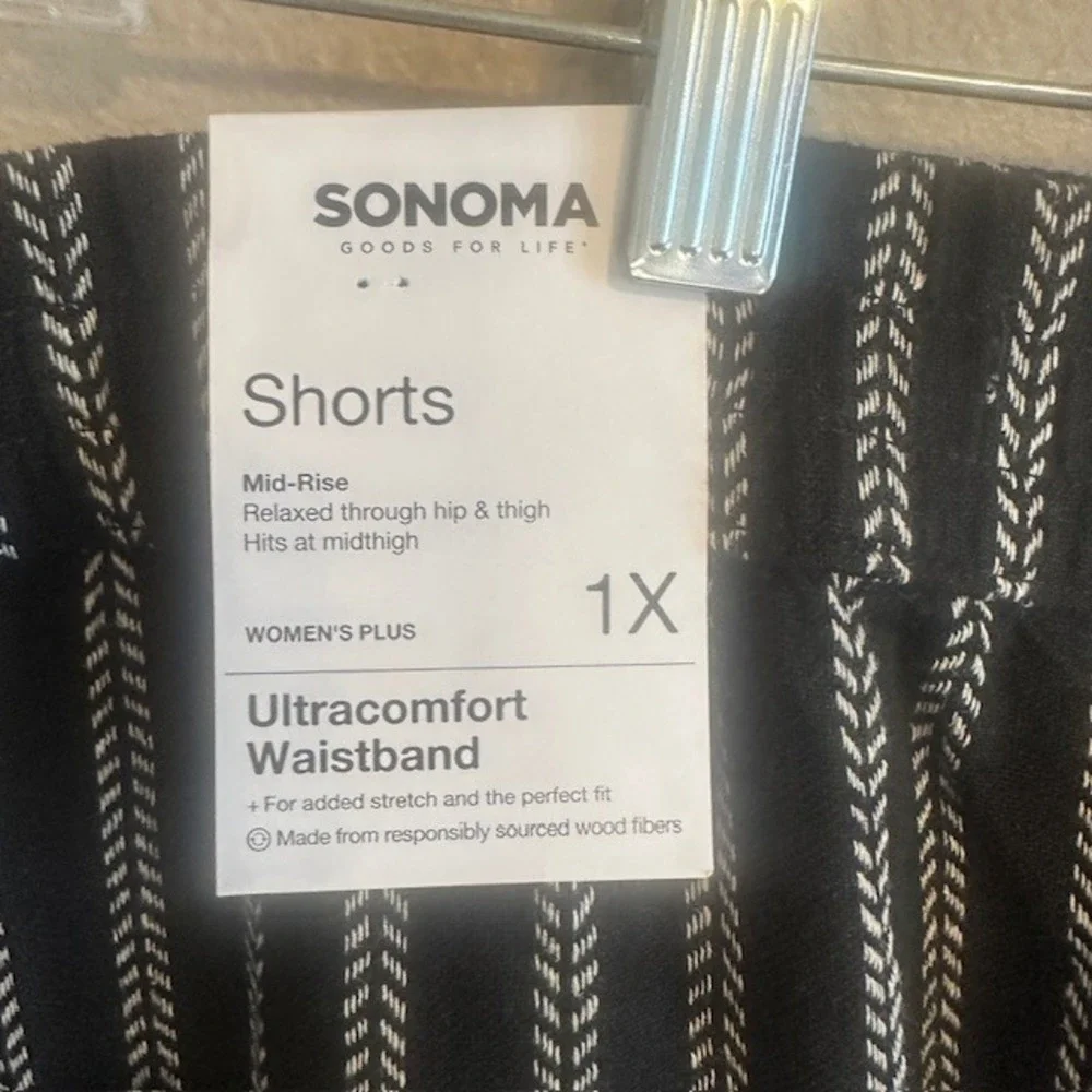 NWT Sonoma‎ Women's Black Chevron Pull On Elastic Waist Linen Shorts Size 1X